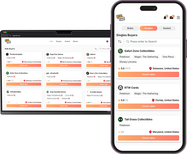 TCG Bulk reverse marketplace platform showing mobile and desktop interface for buying and selling Pokemon, Magic: The Gathering, and Yu-Gi-Oh cards