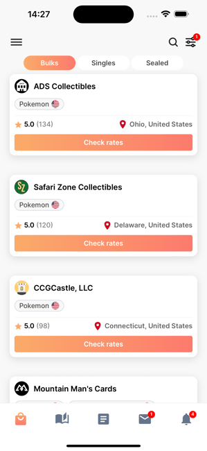 TCG Bulk mobile app interface displayed on iPhone
