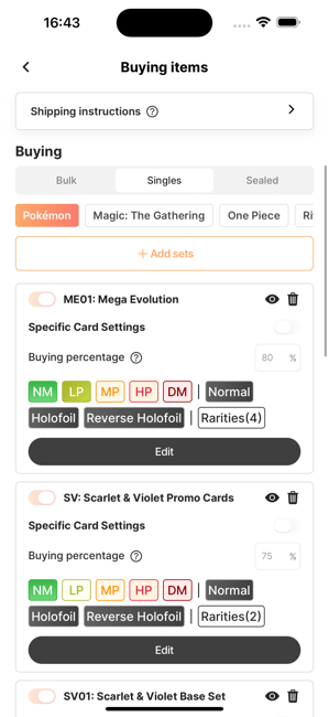 TCG Bulk mobile app interface displayed on iPhone